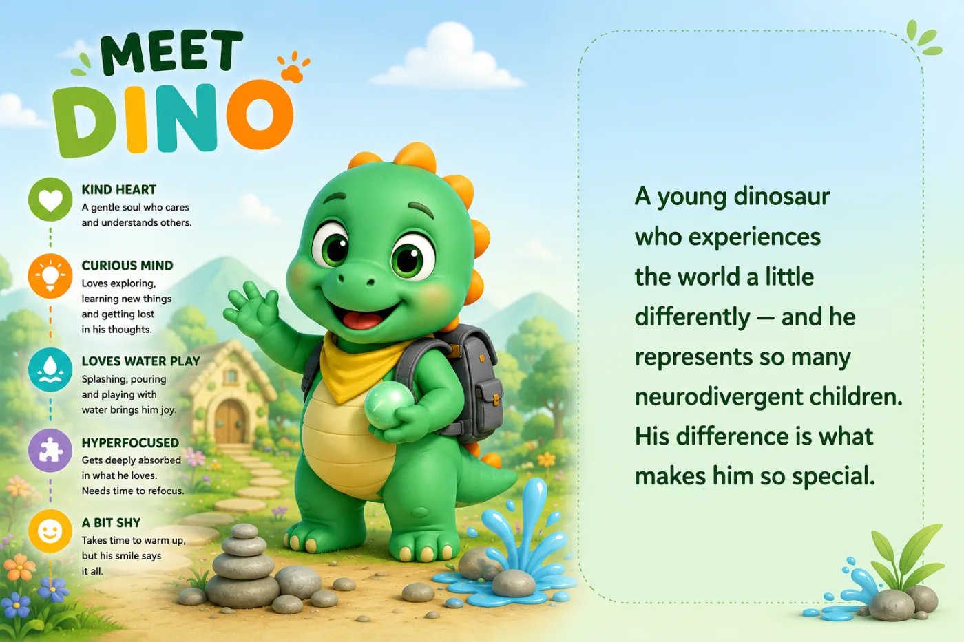 Meet Dino — character spotlight: kind heart, curious mind, loves water play, hyperfocused, a bit shy